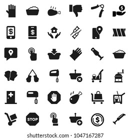 Flat vector icon set - cleaner trolley vector, foam basin, rubber glove, house hold, hand mill, blender, chicken leg, dollar coin, investment, trainer, boxing, traking, touchscreen, finger down