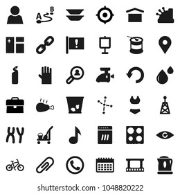 Flat vector icon set - cleaner trolley vector, trash bin, window cleaning, agent, rubber glove, oven, plates, chicken leg, presentation, music, constellation, case, target, bike, swimsuite, calendar