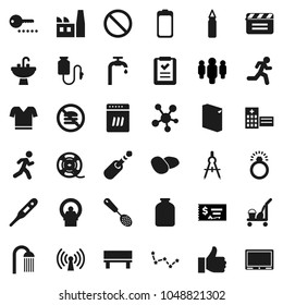 Flat vector icon set - cleaner trolley vector, washing powder, shower, sink, skimmer, jar, potato, drawing compass, constellation, check, man, punching bag, t shirt, prohibition sign, no fastfood