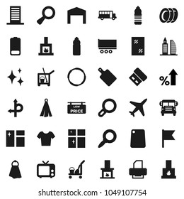 Flat vector icon set - cleaner trolley vector, towel, shining, window cleaning, plates, cutting board, school bus, flag, magnifier, percent growth, t shirt, water bottle, hoop, route, plane, tv, usb