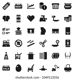 Flat vector icon set - cleaner trolley vector, vacuum, cookbook, plates, egg, pasta, exam, graph, coin stack, buttocks, boxing glove, stairways run, no fastfood, Railway carriage, big scales, heart