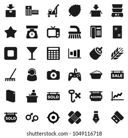 Flat vector icon set - cleaner trolley vector, fetlock, rake, window cleaning, foam basin, washing powder, scales, double boiler, pen, student, leaf, graph, calculator, target, cereals, glass, tv