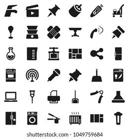 Flat vector icon set - cleaner trolley vector, water tap, scoop, steaming, washer, measuring cup, cook press, oven, notebook pc, paper pin, flask, hand trainer, punching bag, consolidated cargo, rca