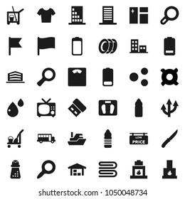 Flat vector icon set - cleaner trolley vector, towel, window cleaning, plates, knife, hand mill, school bus, flag, magnifier, any currency, scales, t shirt, water bottle, ship, battery, blood drop