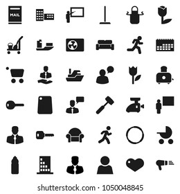 Flat vector icon set - cleaner trolley vector, mop, apron, meat hammer, cutting board, toaster, school building, blackboard, manager, water bottle, hoop, run, client, ship, calendar, tulip, heart