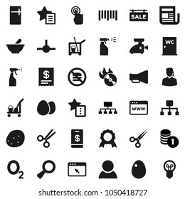 Flat vector icon set - cleaner trolley vector, sprayer, water closet, egg, potato, medal, coin stack, hierarchy, no fastfood, oxygen, barcode, music hit, newspaper, loudspeaker, touchscreen, mortar
