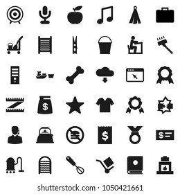 Flat vector icon set - cleaner trolley vector, vacuum, bucket, clothespin, washboard, kettle, towel, whisk, student, medal, music, case, diet, measuring, target, no fastfood, bone, receipt, port
