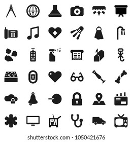 Flat vector icon set - cleaner trolley vector, sponge, towel, sprayer, garbage pile, drawing compass, glasses, bell, music, presentation board, shuttlecock, stadium, map pin, phone, car, no hook, tv