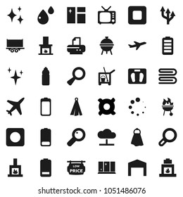Flat vector icon set - cleaner trolley vector, towel, shining, window cleaning, bbq, any currency, scales, water bottle, plane, truck trailer, tv, battery, stop button, rec, magnifier, blood drop