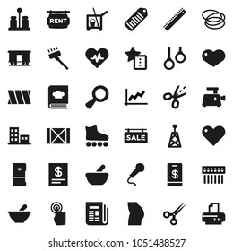 Flat vector icon set - cleaner trolley vector, vacuum, cookbook, spices, ruler, graph, buttocks, roller Skates, hoop, gymnast rings, wood box, barcode, Railway carriage, antenna, newspaper, heart