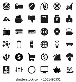Flat vector icon set - cleaner trolley vector, kettle, colander, toaster, mushroom, exchange, piggy bank, target, dollar medal, gold ingot, scales, molecule, heart monitor, hoop, settings, battery