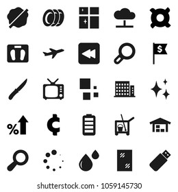 Flat vector icon set - cleaner trolley vector, shining, window cleaning, splotch, plates, knife, percent growth, dollar flag, any currency, cent sign, scales, plane, tv, battery, backward button