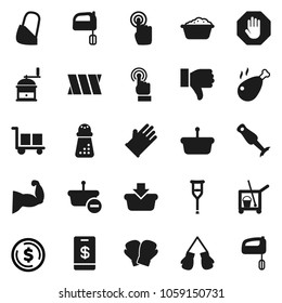 Flat vector icon set - cleaner trolley vector, foam basin, rubber glove, hand mill, mixer, blender, chicken leg, dollar coin, muscule, boxing, cargo, touchscreen, finger down, crutches, bandage