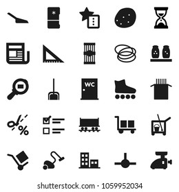 Flat vector icon set - cleaner trolley vector, vacuum, scoop, water closet, spices, pasta, potato, corner ruler, exam, sand clock, roller Skates, hoop, Railway carriage, cargo, search, newspaper