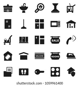 Flat vector icon set - cleaner trolley vector, mop, car fetlock, window cleaning, welcome mat, iron, steaming, shining, sink, microwave oven, university, dry cargo, warehouse, estate document, rooms