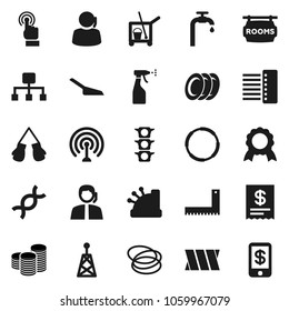 Flat vector icon set - cleaner trolley vector, scoop, sprayer, plates, corner ruler, medal, coin stack, boxing glove, hoop, traffic light, support, antenna, touchscreen, dna, bandage, hub, hierarchy
