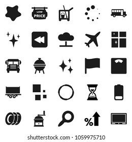 Flat vector icon set - cleaner trolley vector, shining, splotch, plates, window, hand mill, bbq, school bus, flag, magnifier, percent growth, sand clock, scales, hoop, plane, truck trailer, battery