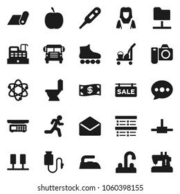 Flat vector icon set - cleaner trolley vector, iron, toilet, woman, water tap, atom, school bus, exam, diet, roller Skates, fitness mat, run, mail, thermometer, drop counter, connect, server, cash