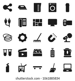Flat vector icon set - cleaner trolley vector, scoop, rake, sponge, cleaning agent, measuring cup, magnet, skateboard, hoop, consolidated cargo, cinema clap, microphone, remote control, rca, vial