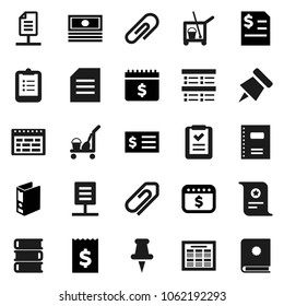 Flat vector icon set - cleaner trolley vector, book, copybook, schedule, clipboard, paper pin, certificate, document, exam, cash, annual report, receipt, binder, dollar calendar, thumbtack, network