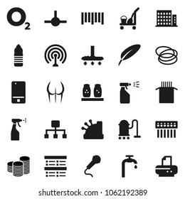 Flat vector icon set - cleaner trolley vector, vacuum, sprayer, spices, pasta, pen, exam, coin stack, buttocks, water bottle, hoop, oxygen, barcode, antenna, mobile phone, connect, hub, hierarchy