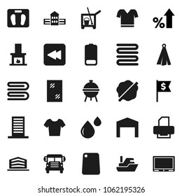 Flat vector icon set - cleaner trolley vector, towel, window cleaning, splotch, cutting board, bbq, school building, bus, percent growth, dollar flag, scales, t shirt, ship, battery, backward button