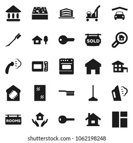Flat vector icon set - cleaner trolley vector, fetlock, mop, sponge, car, window cleaning, steaming, house hold, university, home, cottage, chalet, garage, rooms signboard, sold, office building
