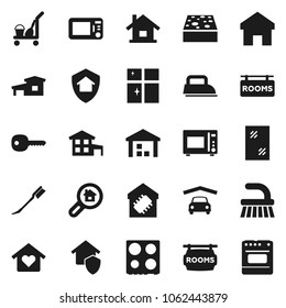 Flat vector icon set - cleaner trolley vector, fetlock, sponge, car, window cleaning, shining, microwave oven, warehouse, home, key, house, cottage, garage, rooms signboard, search estate, love