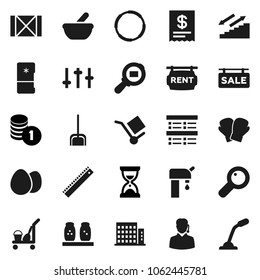 Flat vector icon set - cleaner trolley vector, scoop, spices, egg, ruler, exam, coin stack, sand clock, boxing glove, stairways run, hoop, wood box, cargo, search, settings, magnifier, mortar, rent