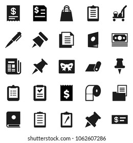 Flat vector icon set - cleaner trolley vector, toilet paper, pen, clipboard, pin, annual report, receipt, fitness mat, money, document, newspaper, thumbtack, estate, gift, shopping bag, list, check