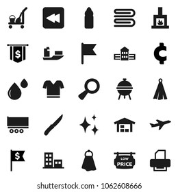 Flat vector icon set - cleaner trolley vector, towel, shining, knife, bbq, school building, flag, dollar, cent sign, t shirt, water bottle, plane, ship, truck trailer, backward button, magnifier
