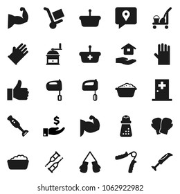 Flat vector icon set - cleaner trolley vector, foam basin, rubber glove, house hold, hand mill, mixer, blender, investment, trainer, muscule, boxing, traking, finger up, crutches, medical room