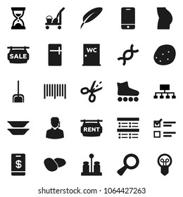 Flat vector icon set - cleaner trolley vector, scoop, water closet, spices, plates, potato, pen, exam, sand clock, hierarchy, buttocks, roller Skates, mobile phone, dna, magnifier, sale signboard