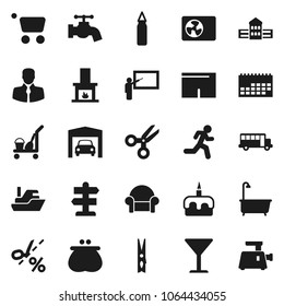 Flat vector icon set - cleaner trolley vector, clothespin, water tap, bath, cake, school building, blackboard, scissors, bus, punching bag, shorts, run, signpost, client, ship, calendar, glass, cart