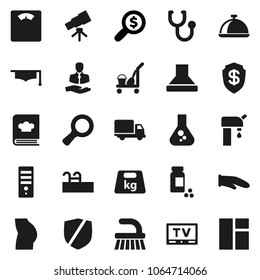 Flat vector icon set - cleaner trolley vector, fetlock, cook glove, cookbook, dish, graduate hat, telescope, magnifier, flask, money search, scales, pills vial, buttocks, client, delivery, protected
