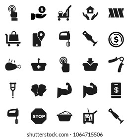 Flat vector icon set - cleaner trolley vector, foam basin, house hold, mixer, blender, chicken leg, dollar coin, investment, hand trainer, muscule, boxing glove, traking, touchscreen, crutches, stop