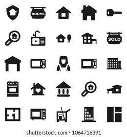 Flat vector icon set - cleaner trolley vector, sink, woman, microwave oven, university, warehouse, home, key, house, cottage, chalet, plan, rooms signboard, sold, apartments, search estate, love