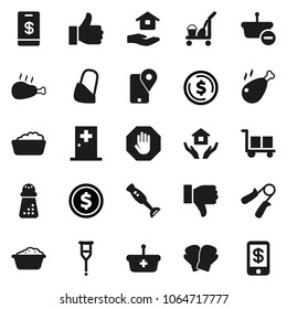 Flat vector icon set - cleaner trolley vector, foam basin, house hold, hand mill, blender, chicken leg, dollar coin, trainer, boxing glove, traking, cargo, finger up, down, crutches, bandage, stop