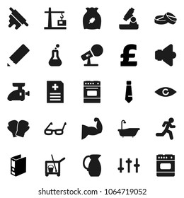 Flat vector icon set - cleaner trolley vector, bath, rolling pin, oven, jug, cereal, pencil, glasses, microscope, binder, tie, pound, muscule hand, boxing glove, run, microphone, speaker, settings