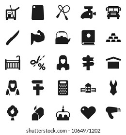 Flat vector icon set - cleaner trolley vector, woman, kettle, knife, cutting board, grater, cake, school building, bus, gold ingot, jump rope, muscule hand, swimsuite, signpost, dry cargo, heart