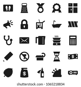 Flat vector icon set - cleaner trolley vector, welcome mat, bath, shining window, measuring cup, grater, pencil, calculator, medal, leaf, sand clock, no alcohol sign, stethoscope, tomography, potion