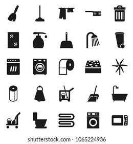 Flat vector icon set - cleaner trolley vector, broom, fetlock, mop, scoop, sponge, towel, trash bin, window cleaning, toilet, drying clothes, washer, liquid soap, paper, shower, windmill, bath