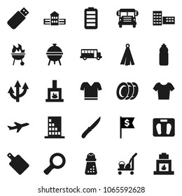 Flat vector icon set - cleaner trolley vector, plates, towel, knife, cutting board, hand mill, bbq, school building, bus, magnifier, dollar flag, scales, t shirt, water bottle, plane, battery, usb