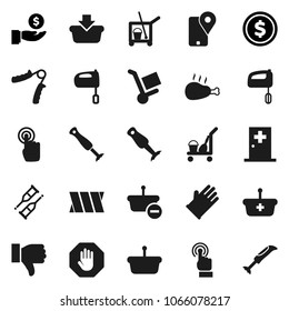 Flat vector icon set - cleaner trolley vector, rubber glove, mixer, blender, chicken leg, dollar coin, investment, hand trainer, traking, touchscreen, finger down, crutches, bandage, medical room