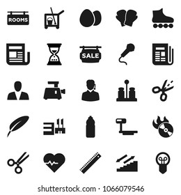 Flat vector icon set - cleaner trolley vector, spices, egg, pen, ruler, sand clock, heart pulse, boxing glove, roller Skates, water bottle, stairways run, big scales, music hit, newspaper, scissors
