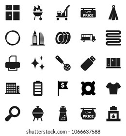 Flat vector icon set - cleaner trolley vector, shining, plates, window, towel, skimmer, hand mill, bbq, school bus, dollar flag, any currency, t shirt, hoop, battery, magnifier, low price signboard