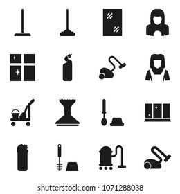Flat vector icon set - cleaner trolley vector, vacuum, mop, car fetlock, window cleaning, toilet brush, agent, shining, woman