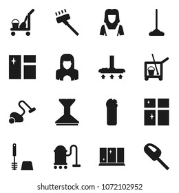 Flat vector icon set - cleaner trolley vector, vacuum, mop, car fetlock, window cleaning, toilet brush, agent, shining, woman