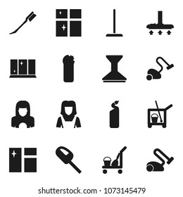 Flat vector icon set - cleaner trolley vector, vacuum, mop, car fetlock, window cleaning, agent, shining, woman