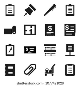 Flat vector icon set - cleaner trolley vector, copybook, pen, paper pin, exam, check, clipboard, fitness mat, receipt, network document, attachment, plan, shopping list